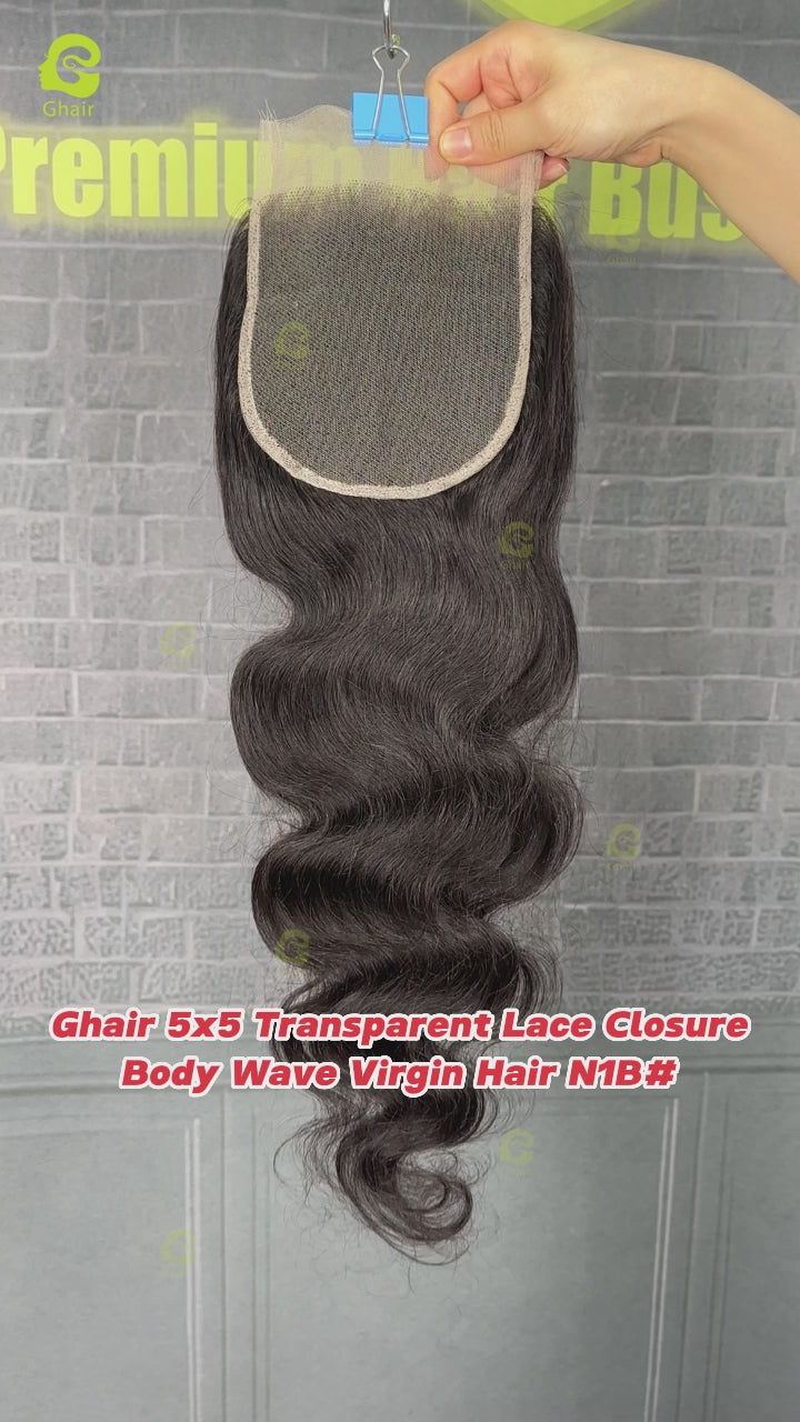 Ghair 5x5 Transparent Lace Closure Body Wave Virgin Hair N1B#