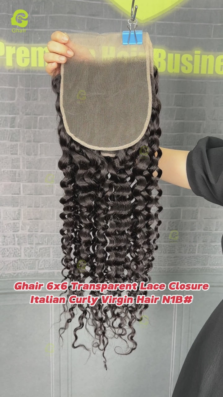Ghair 6x6 Transparent Lace Closure Italian Curly Virgin Hair N1B#
