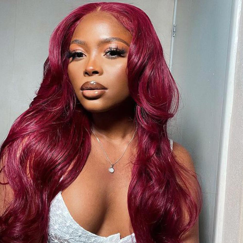 Ghair #99J 5x5 Transparent Lace Wigs Red Color Hair 100% Human Virgin Hair Body Wave Wig