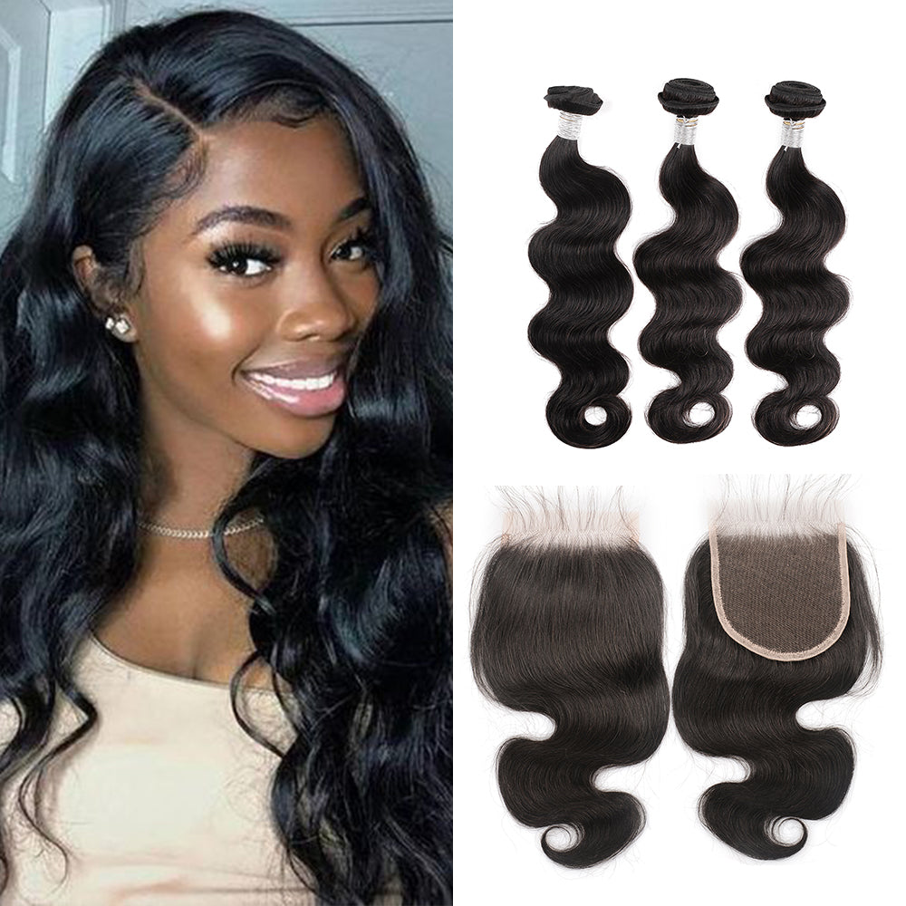 Ghair 100% Virgin Human Hair 3 Bundles With 4x4 HD Lace Closure 12A Body Wave Hair Brazilian Hair